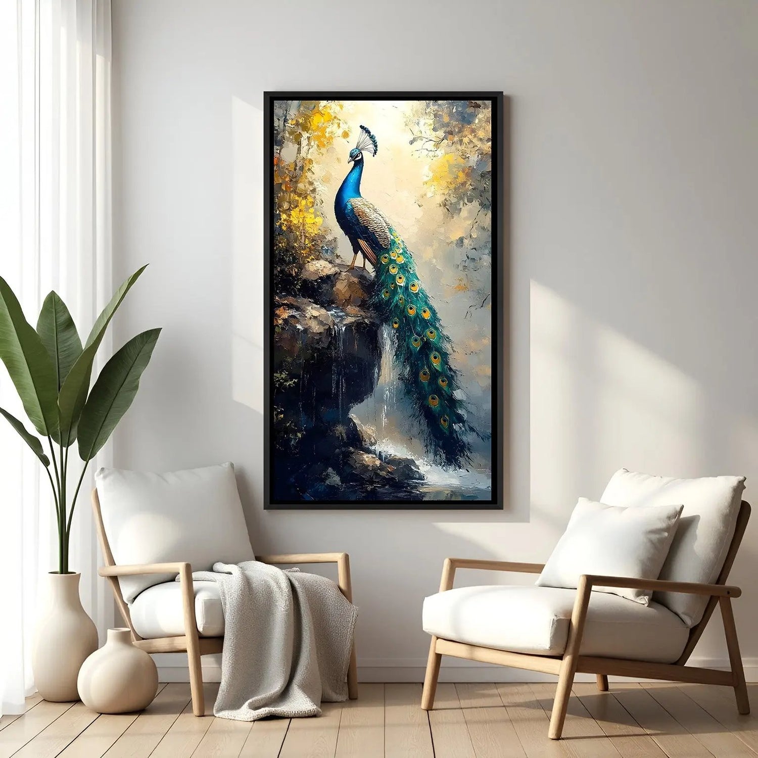Elegant peacock wall artwork with luxurious feather patterns in modern black floater frame