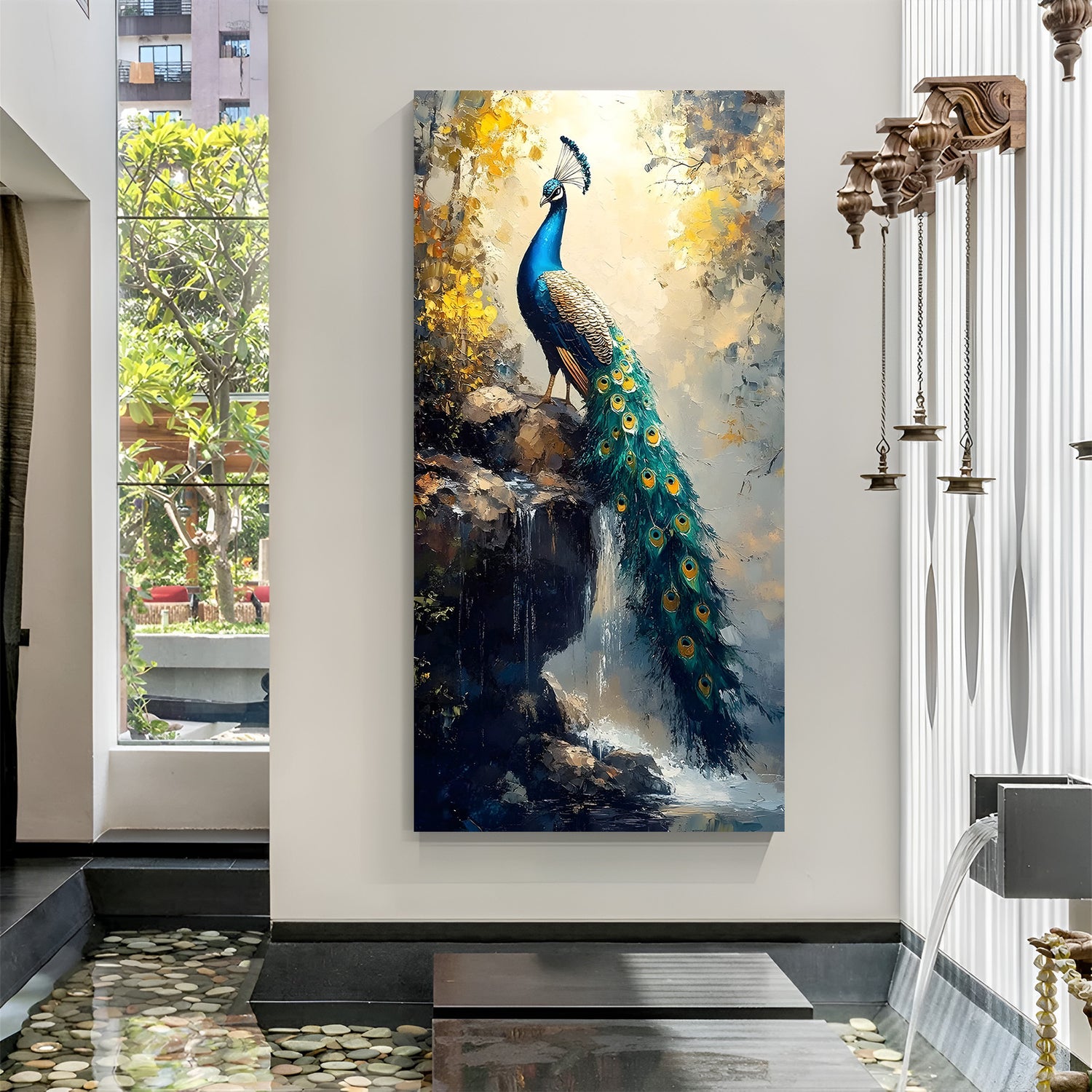 Majestic peacock painting with intricate feather detailing in premium canvas wrapped frame