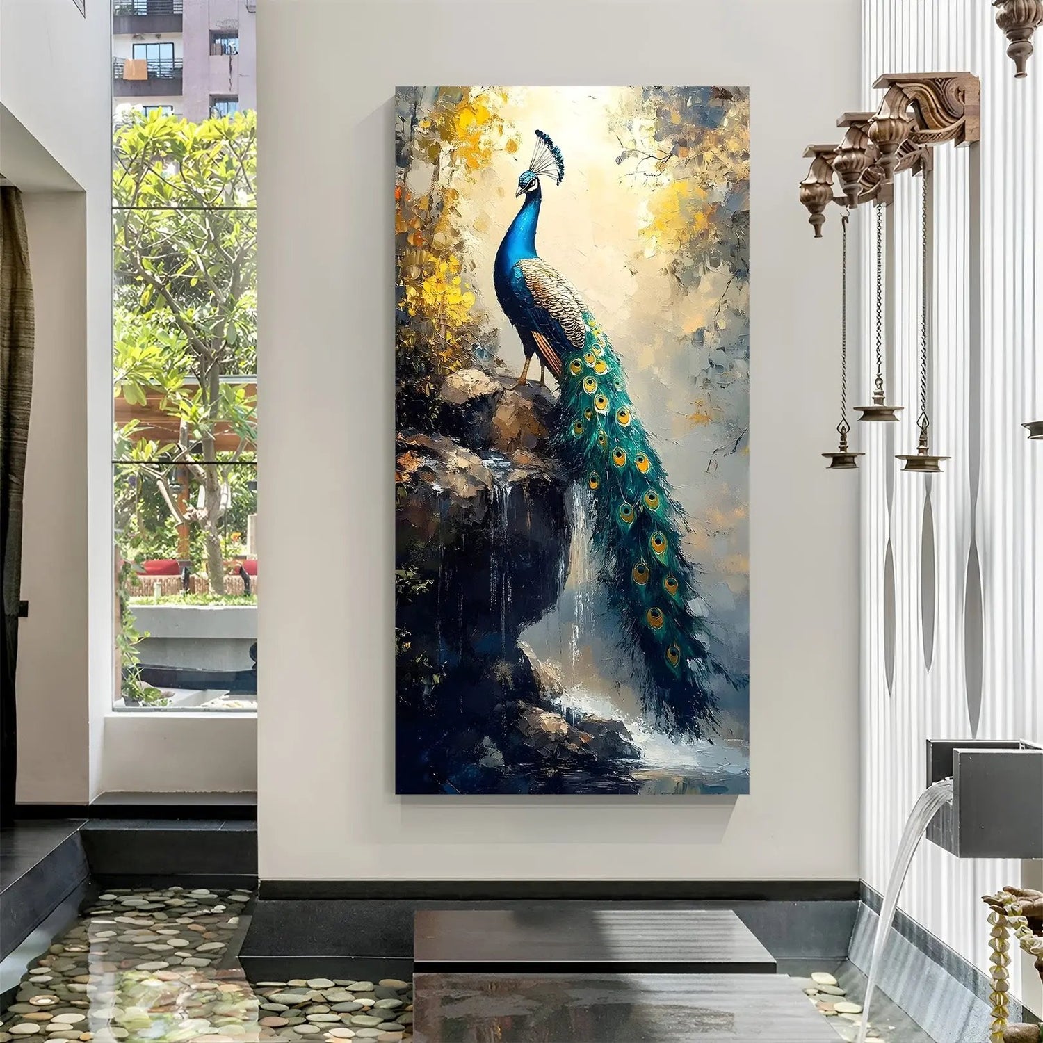 Majestic peacock painting with intricate feather detailing in premium canvas wrapped frame