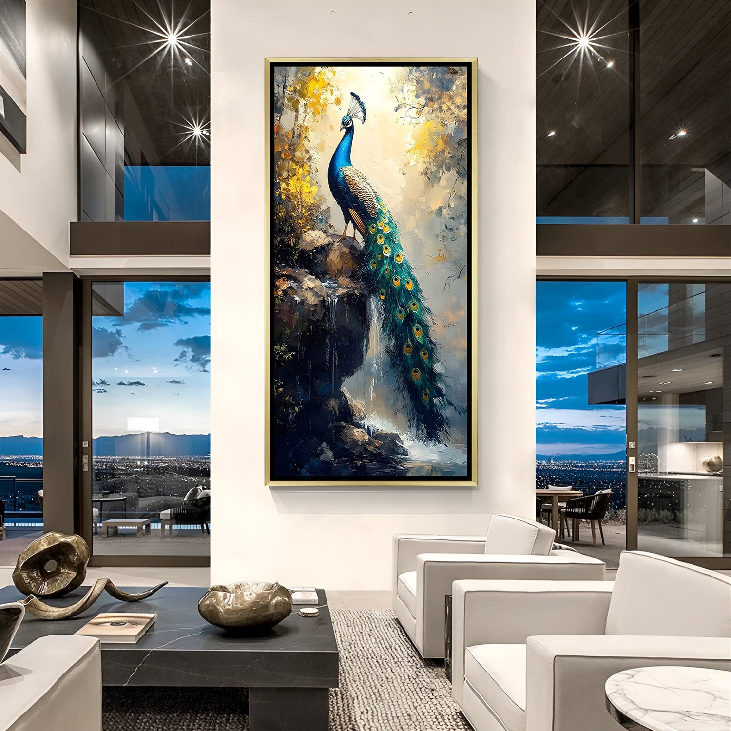 Celestial Plume Peacock artwork in luxury golden floater frame featuring a regal bird portrait