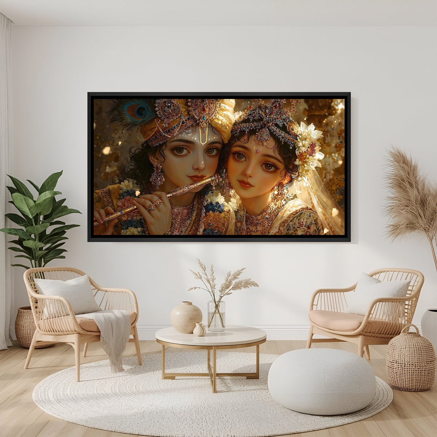 Radha Krishna devotional canvas artwork in elegant black floater frame for modern home interiors