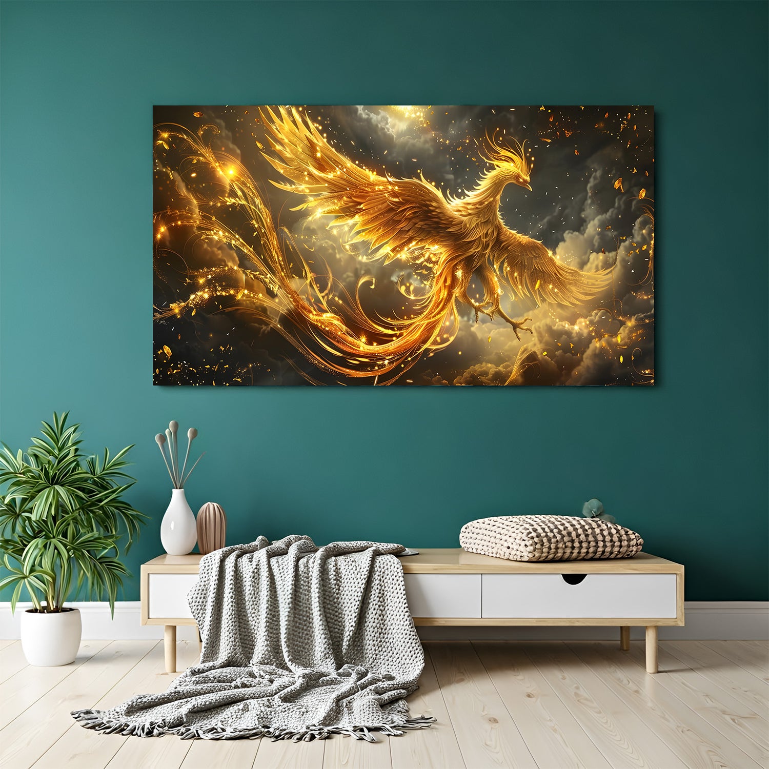 Large panoramic golden phoenix wall art soaring through dramatic clouds with radiant glowing wings.