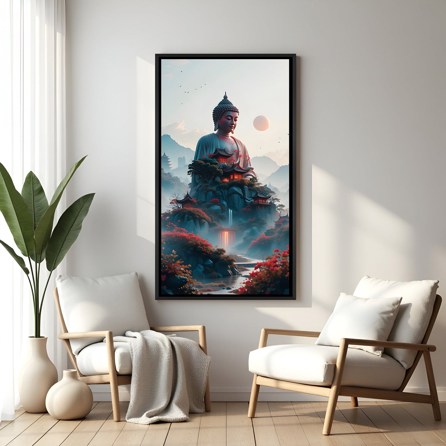 Tall Buddha temple artwork in black frame with misty mountains and red foliage.