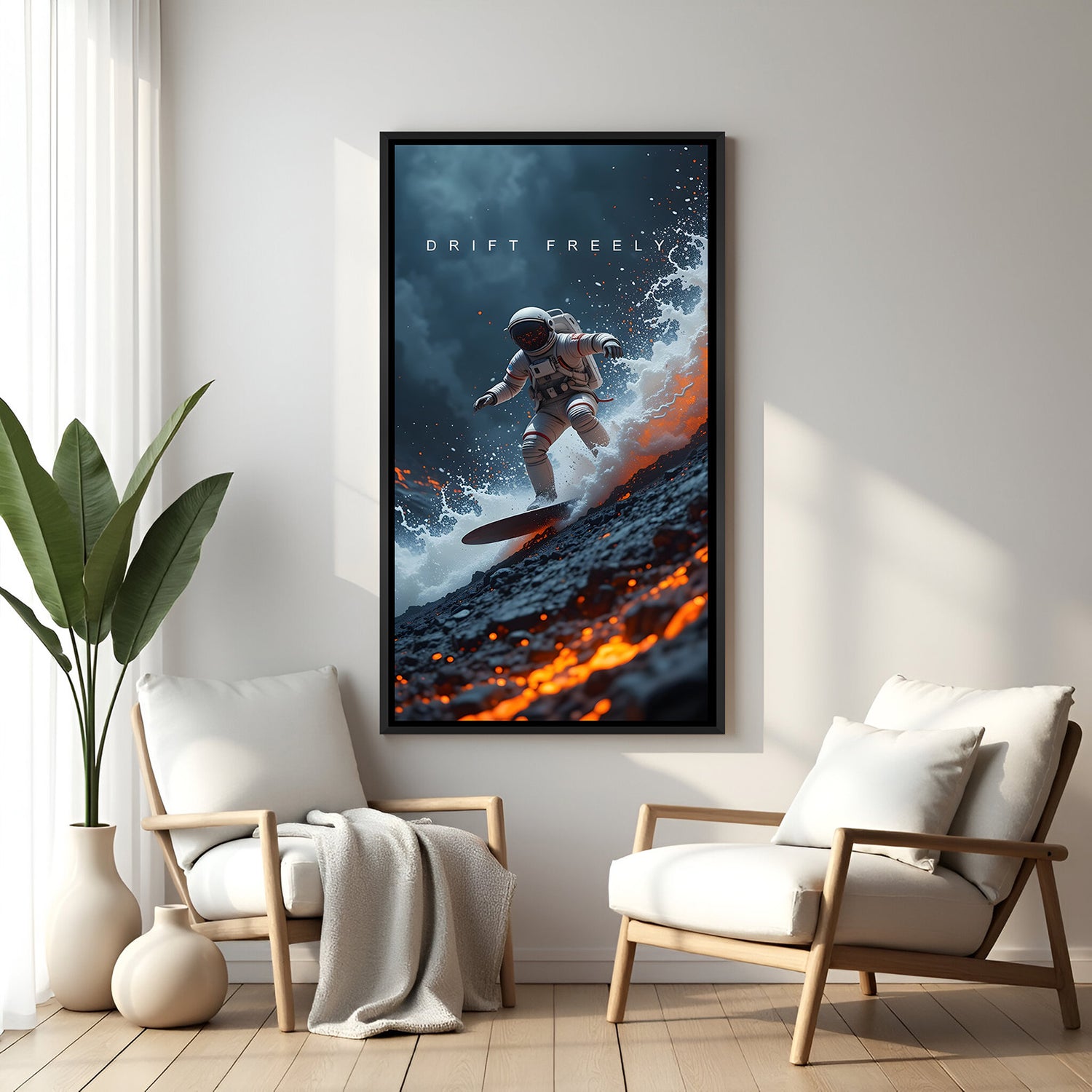 Drift Freely space motivational wall art in elegant black floater frame featuring cosmic exploration artwork