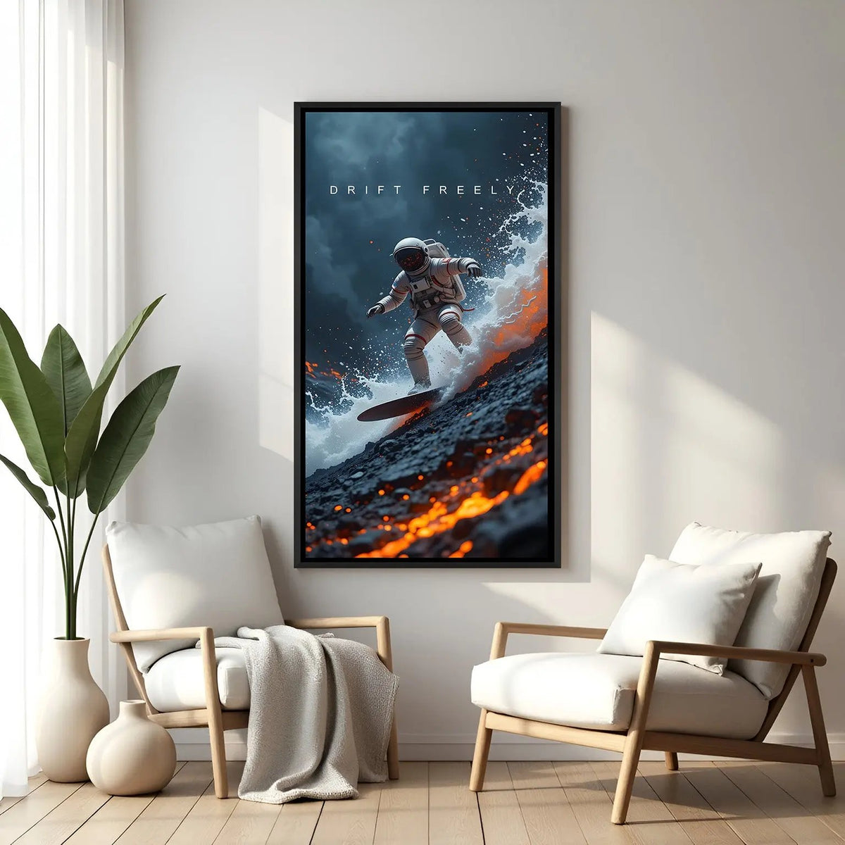 Drift Freely space motivational wall art in elegant black floater frame featuring cosmic exploration artwork