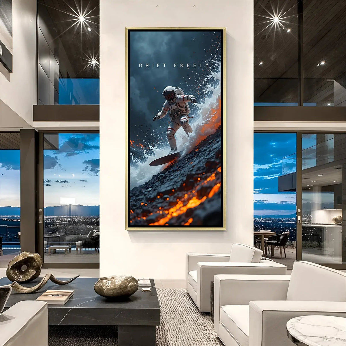 Luxury Drift Freely space canvas artwork in golden floater frame with celestial and galaxy-inspired design