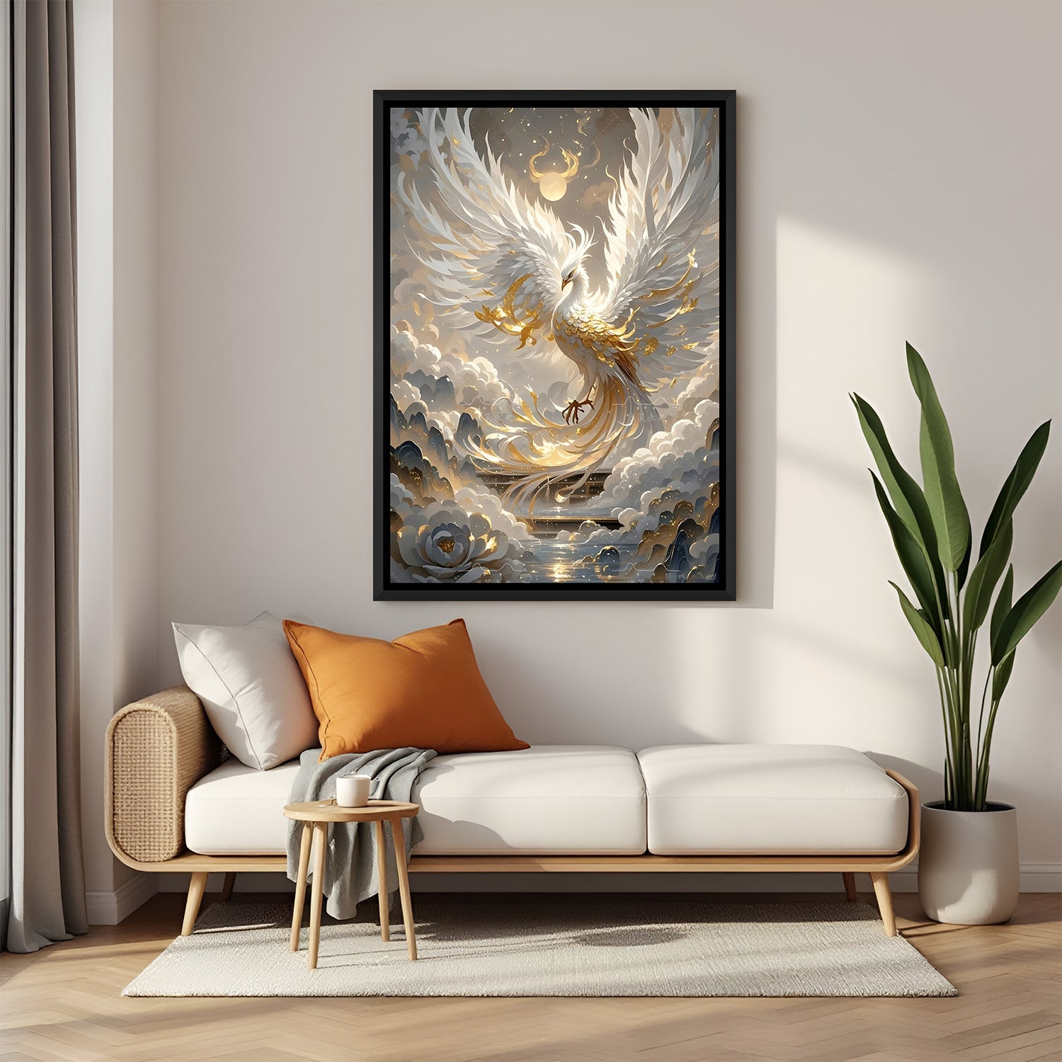 Elegant white and gold phoenix portrait artwork in black frame displayed above modern grey sofa.