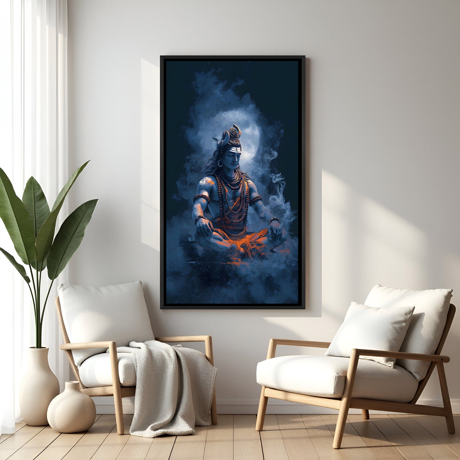 Meditating Mahadev in the Himalayas with moonlight and mystical smoke in elegant black floater frame
