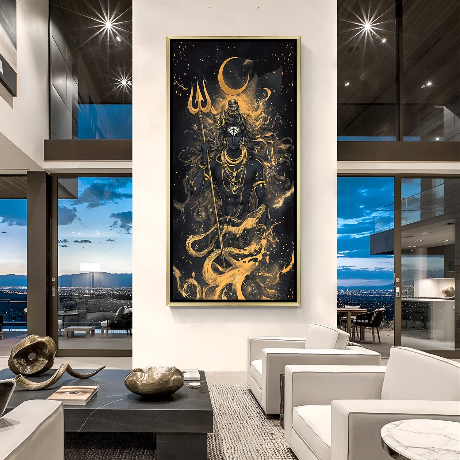 Lord Shiva canvas painting with golden highlights, sacred serpent, and crescent moon in luxurious golden floater frame