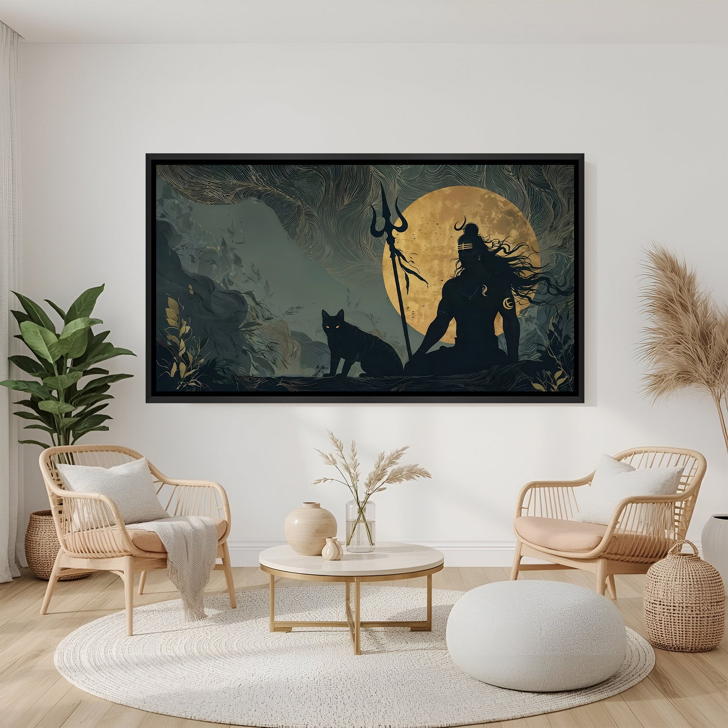 Moonlit Lord Shiva silhouette with black cat artwork in elegant black floater frame