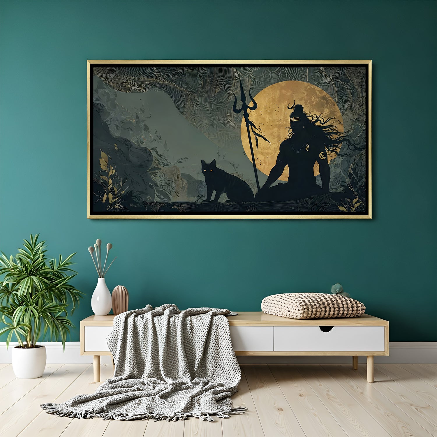 Shiva Under the Moonlight canvas painting with black cat silhouette in luxurious golden floater frame