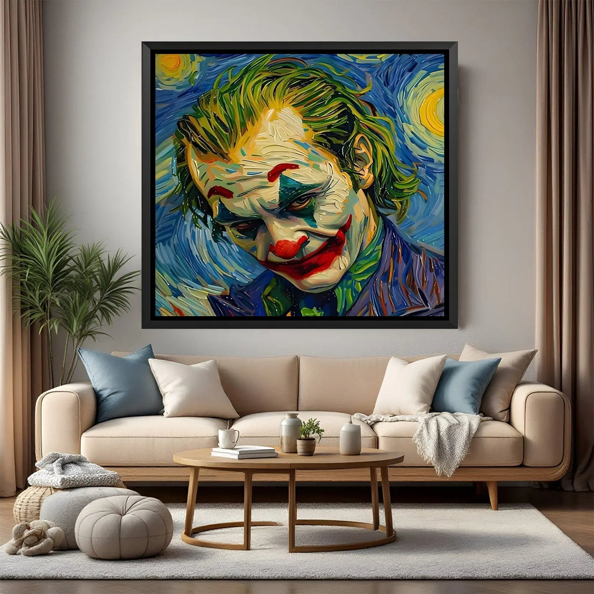 Painted-style Joker artwork in elegant black floater frame with vibrant colors and expressive brushstrokes