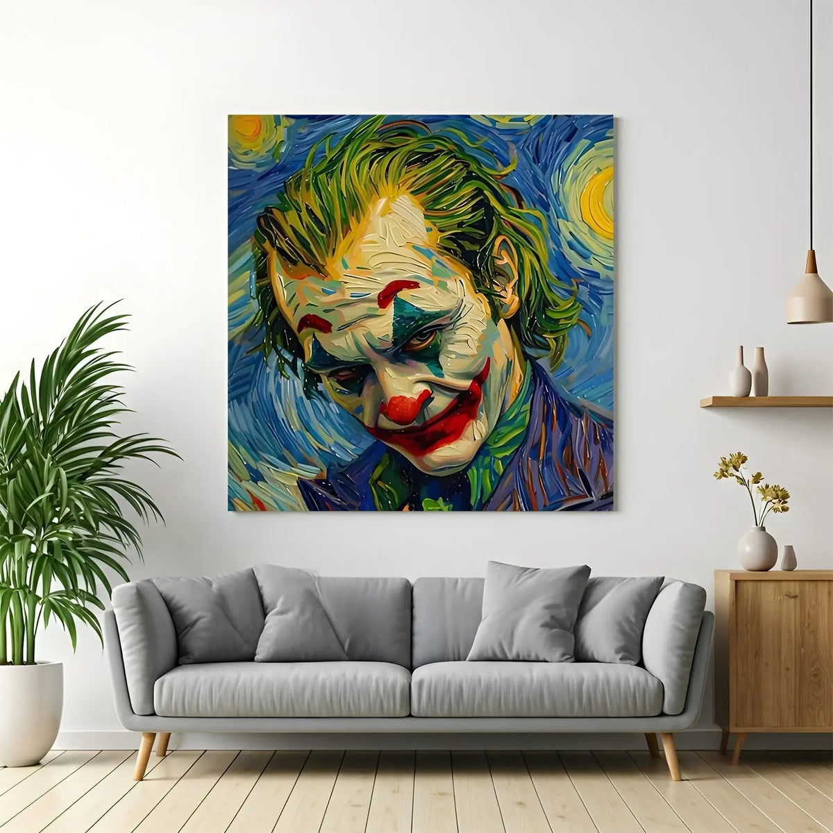 Chaos in Color Joker Portrait canvas wall art featuring an expressive painted-style Joker portrait in premium canvas wrapped frame