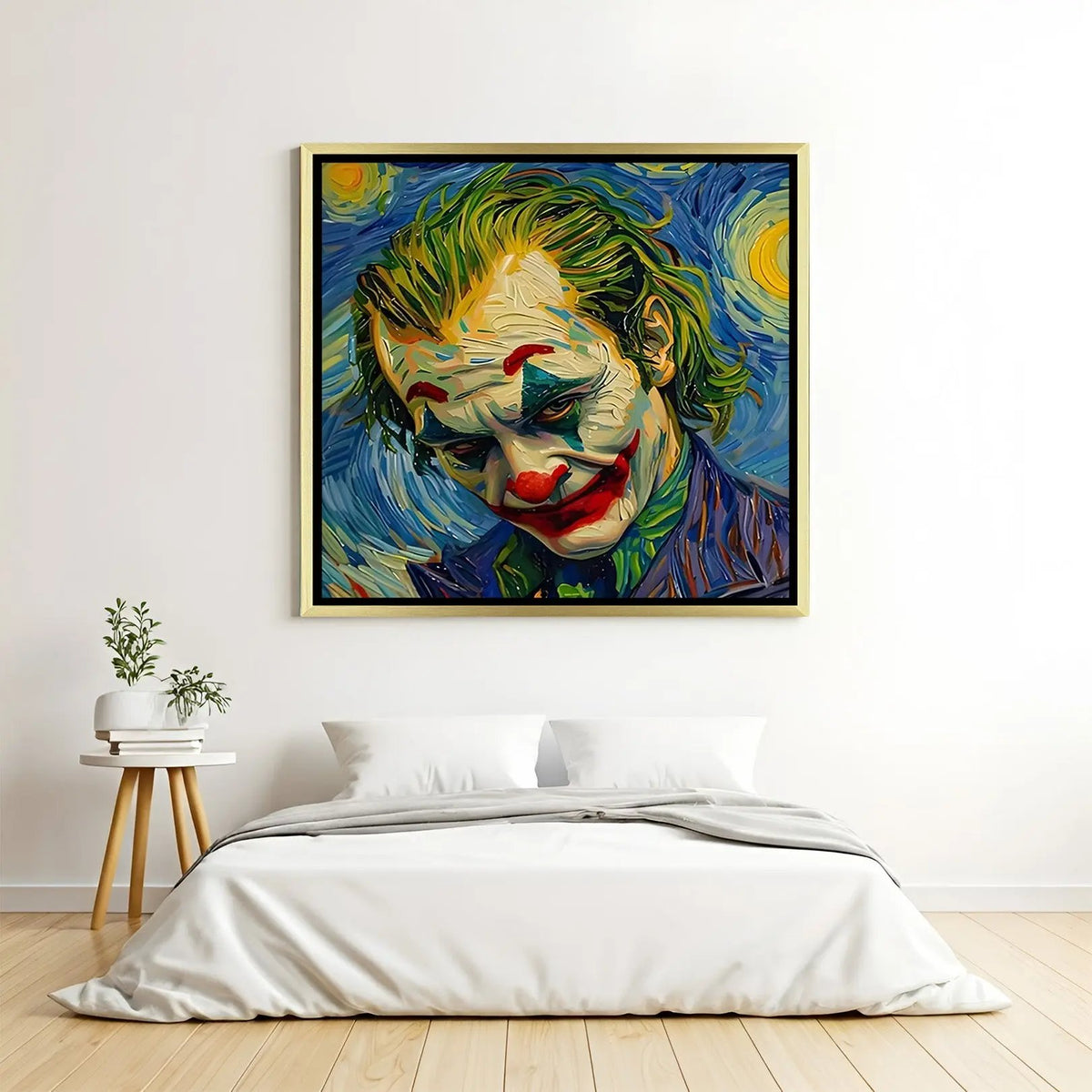 Chaos in Color Joker Portrait canvas wall art in luxury golden floater frame featuring a vivid modern painted portrait