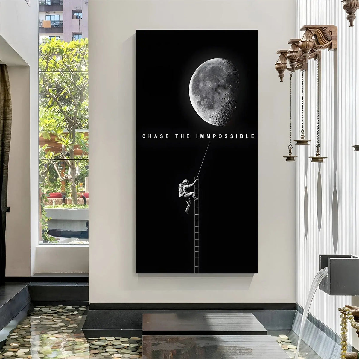 Astronaut climbing moon space motivation canvas wall art with Chase the Impossible quote in cinematic galaxy background