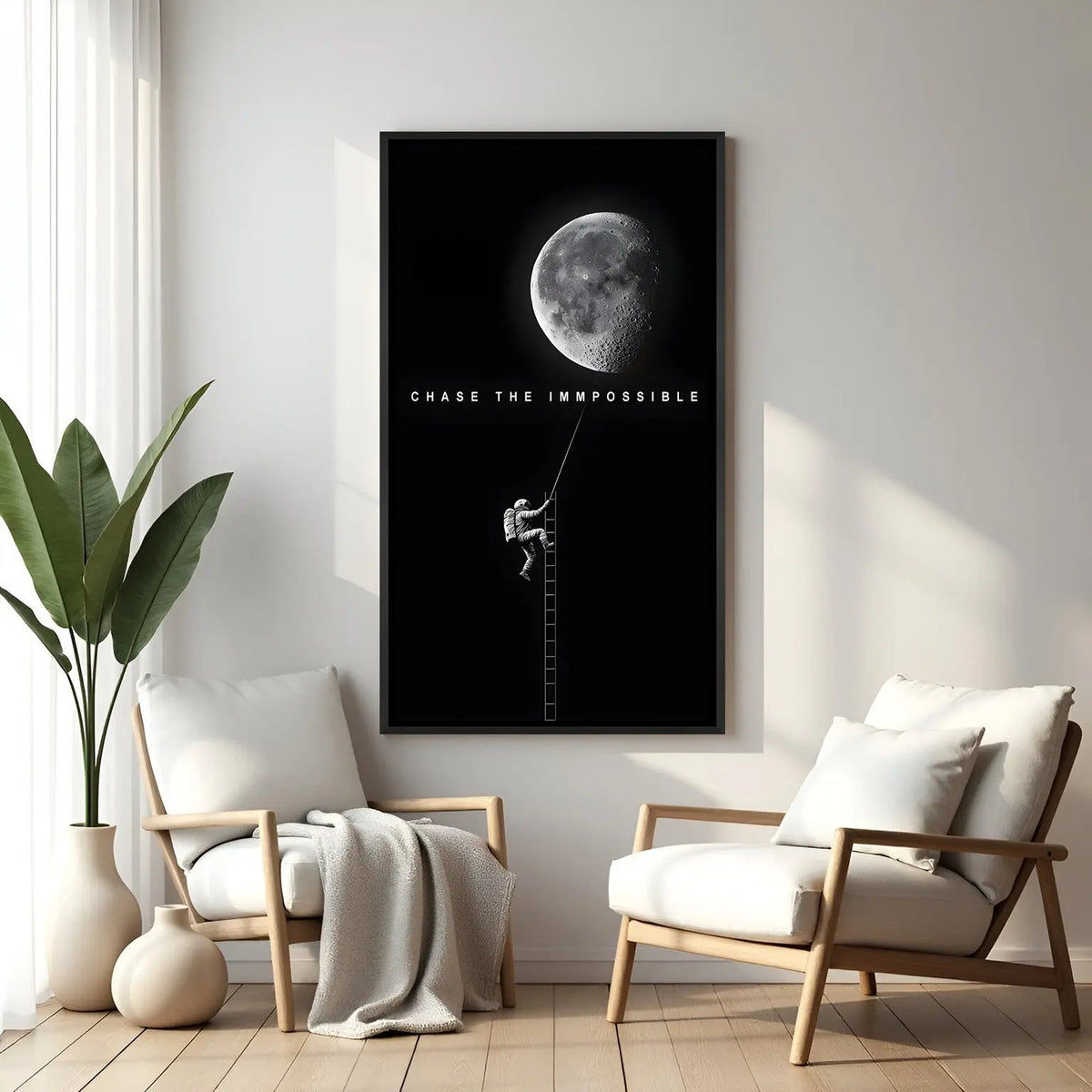 Space motivational wall art with astronaut climbing moon and Chase the Impossible quote in black floater frame
