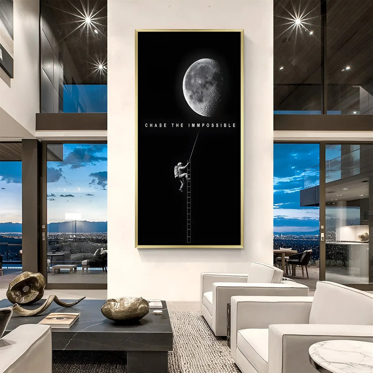 Luxury astronaut moon climbing canvas artwork in golden floater frame with Chase the Impossible cosmic theme