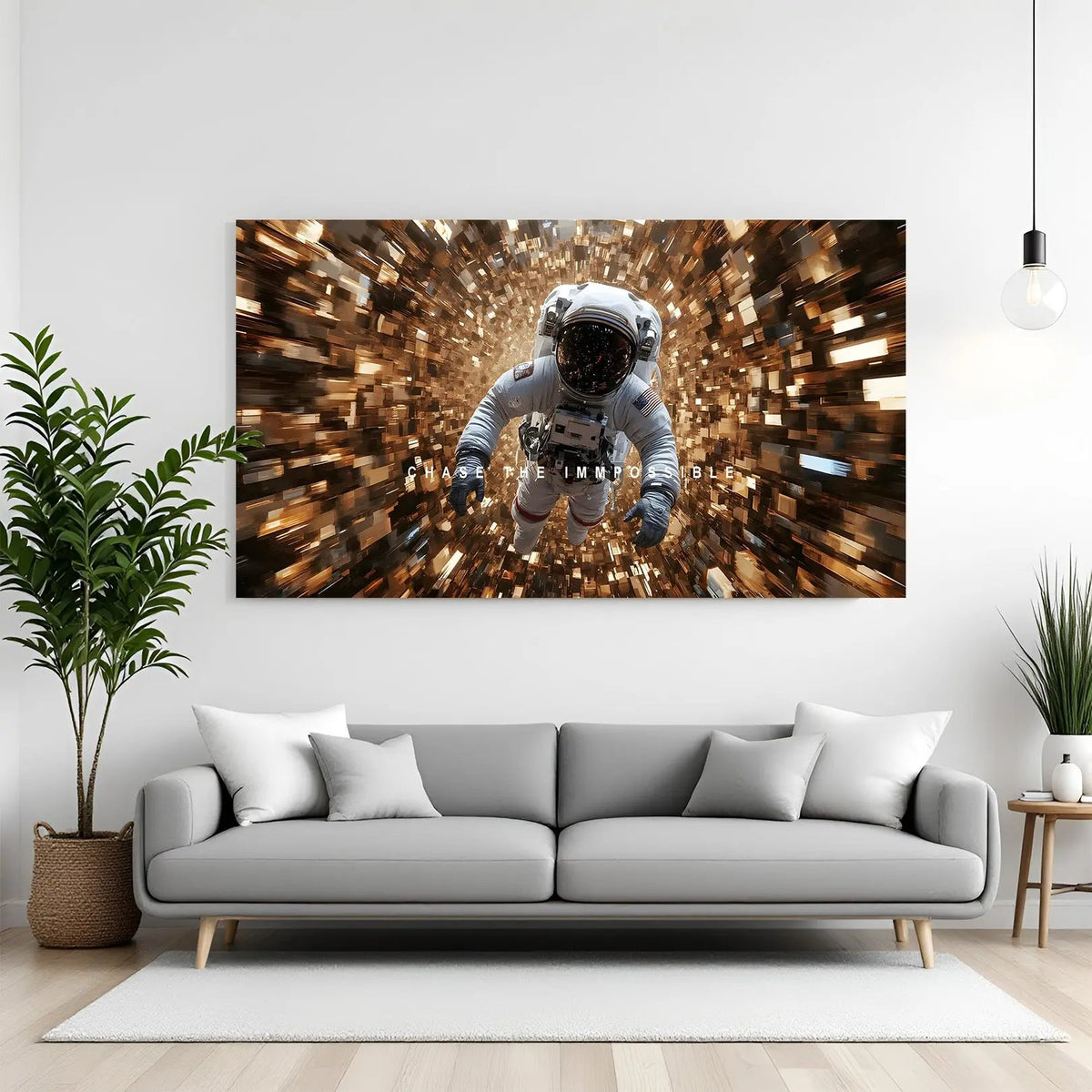Chase the Impossible space motivation canvas wall art in premium canvas wrapped frame with cosmic galaxy inspirational design