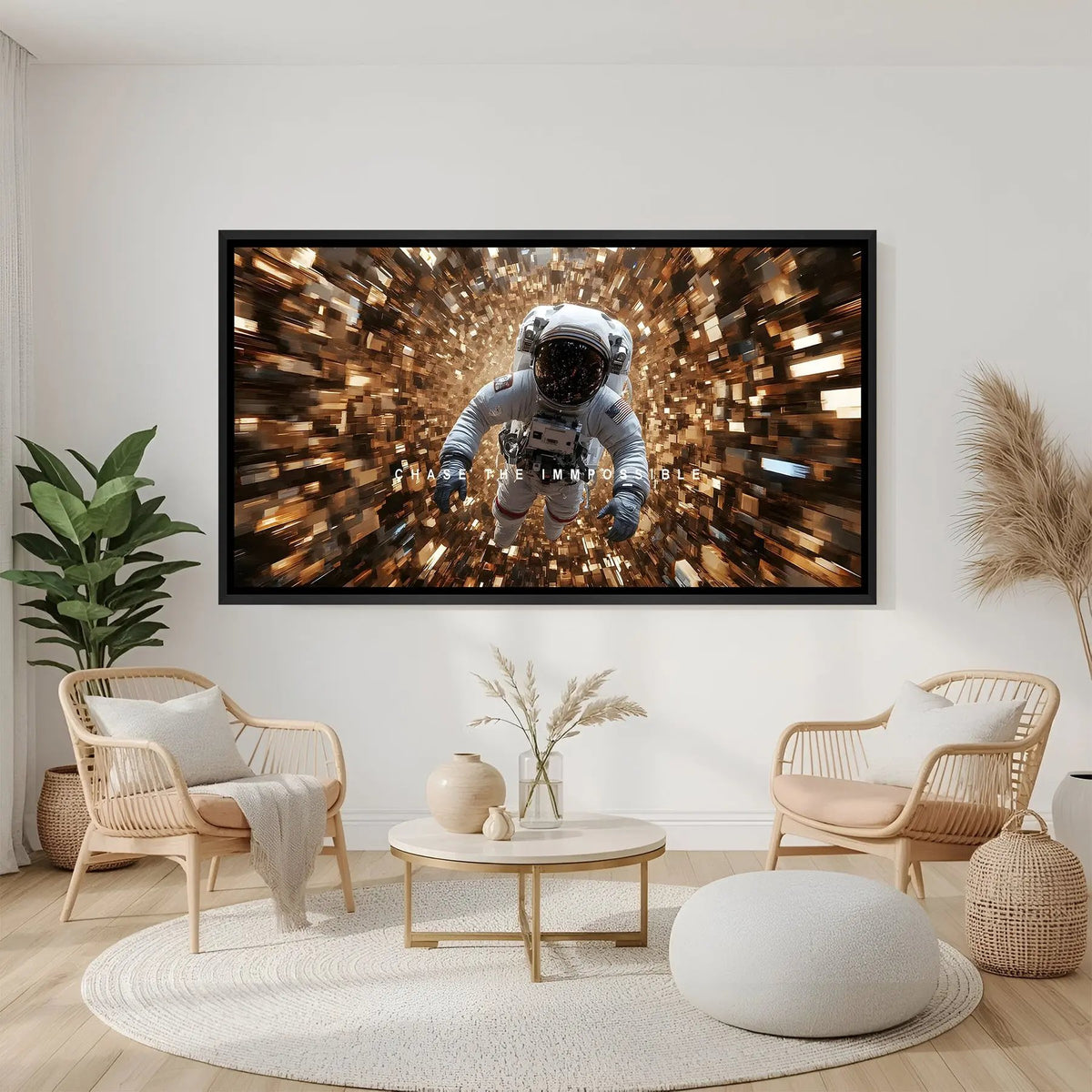 Space themed motivational wall art with quote Chase the Impossible in elegant black floater frame for modern interiors