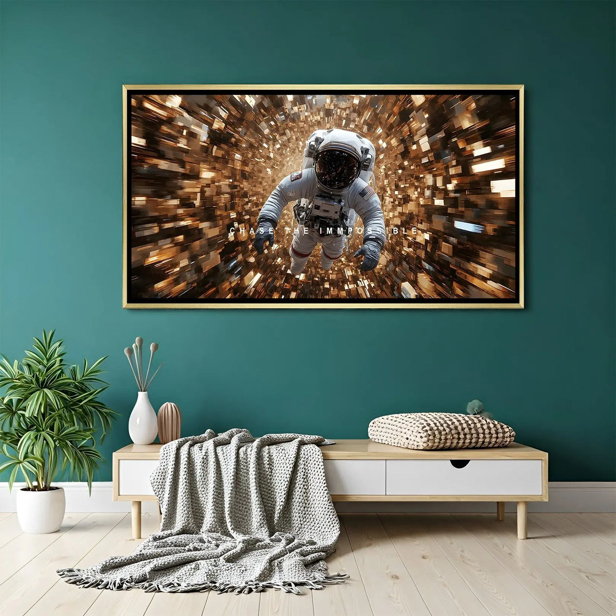 Luxury space motivation canvas artwork with Chase the Impossible quote in golden floater frame cosmic design