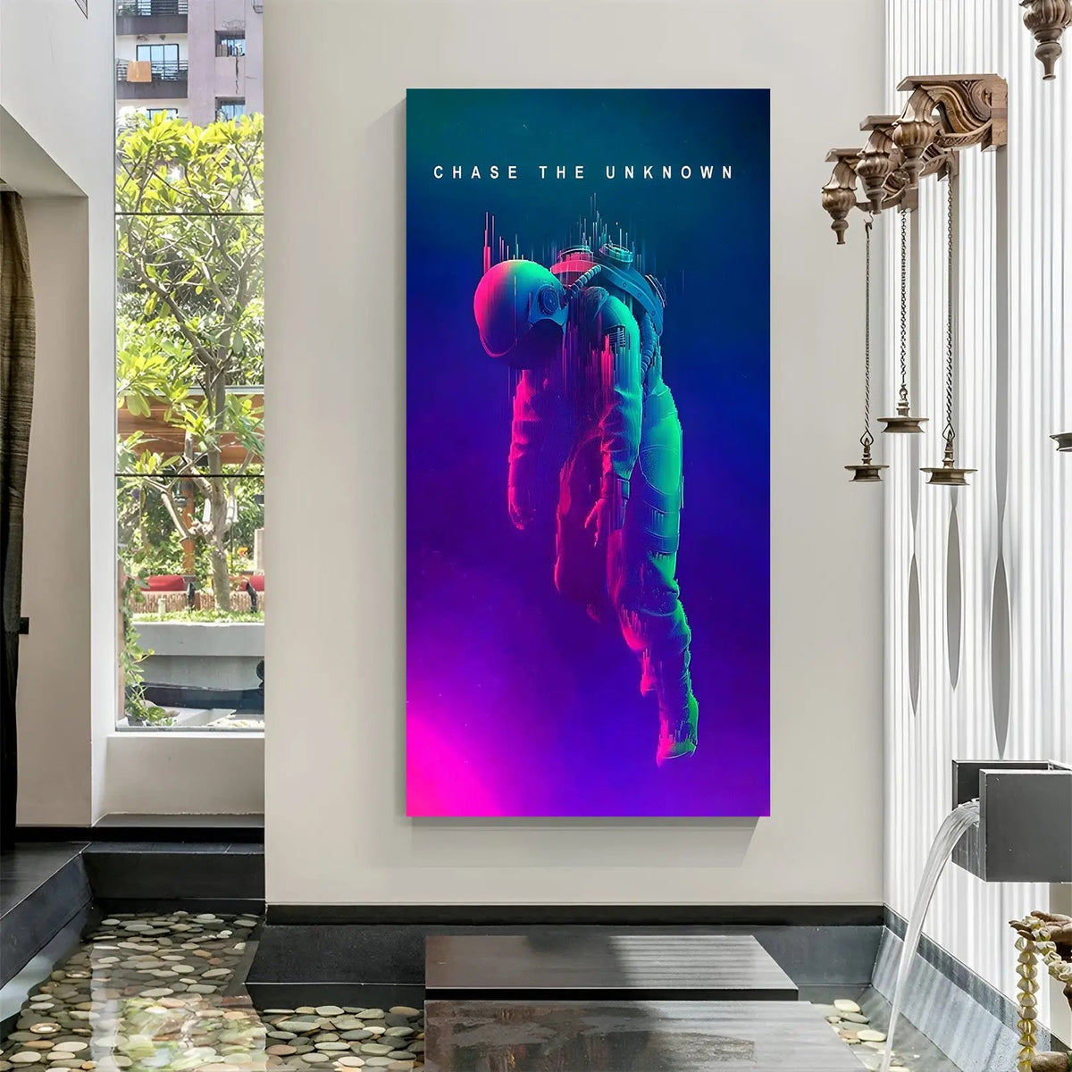 Chase the Unknown space motivation canvas wall art in premium canvas wrapped frame with deep cosmic galaxy design