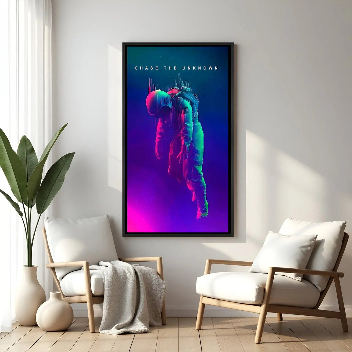 Space motivational wall art with Chase the Unknown quote in elegant black floater frame modern cosmic decor