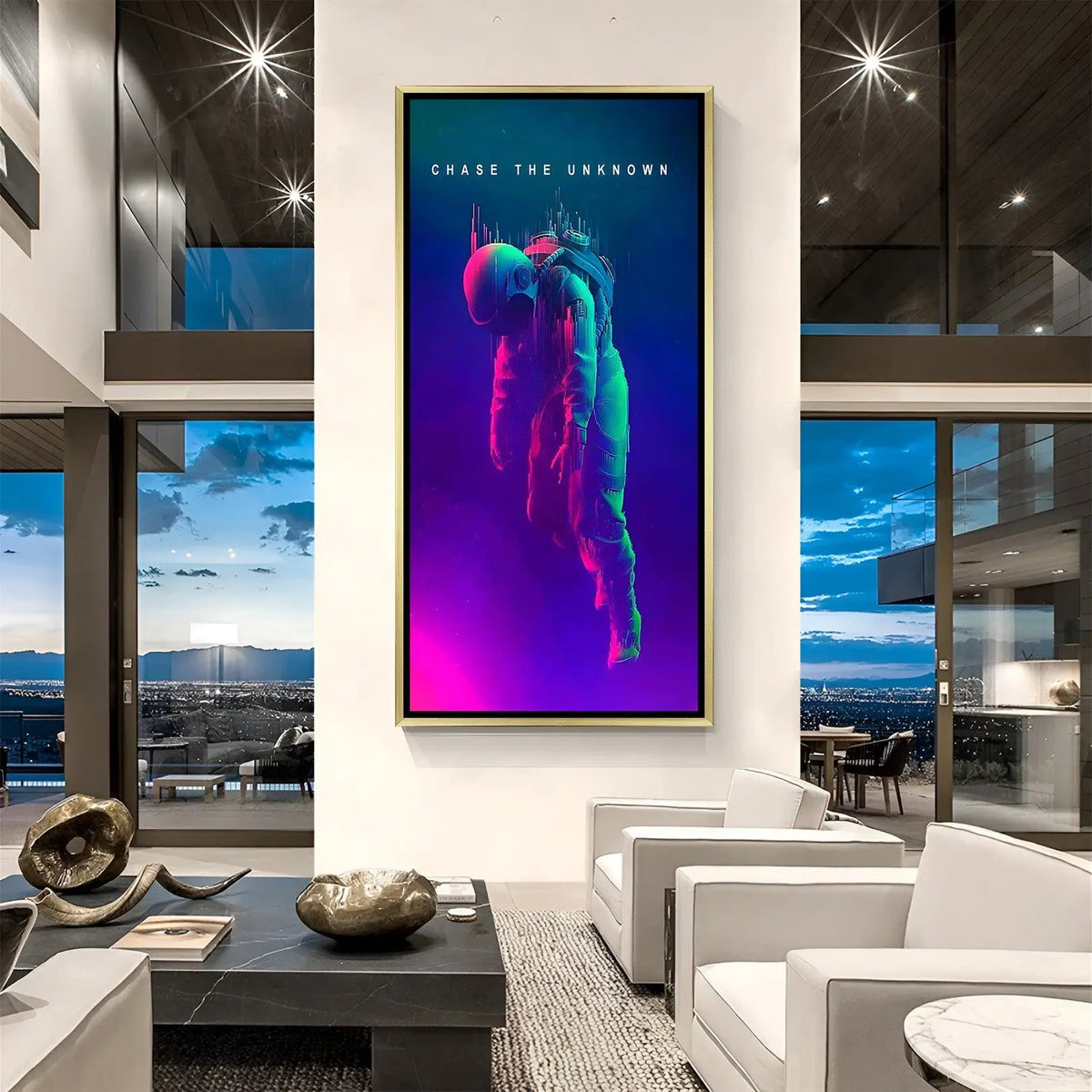 Chase the Unknown cosmic wall painting in luxury golden floater frame featuring inspirational space-themed artwork