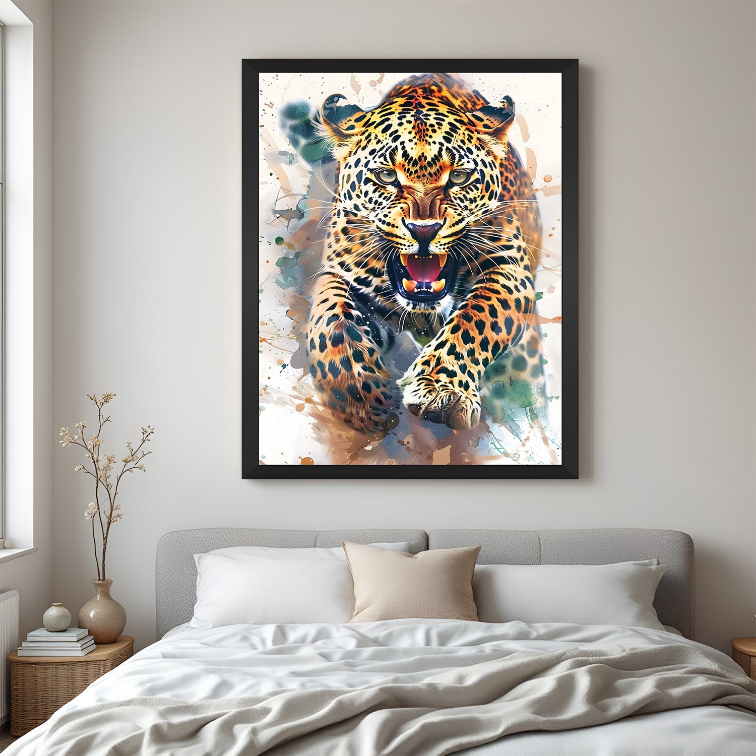 Painted cheetah canvas in black floater frame, ideal for home or office decor that symbolizes confidence and focused energy