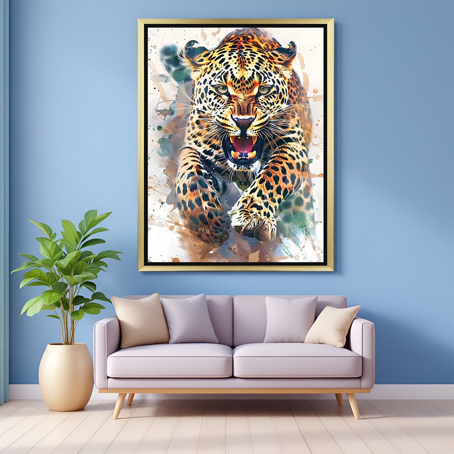 Bold cheetah wall art in golden floater frame with strong painted style, capturing silent strength and drive for powerful modern interiors