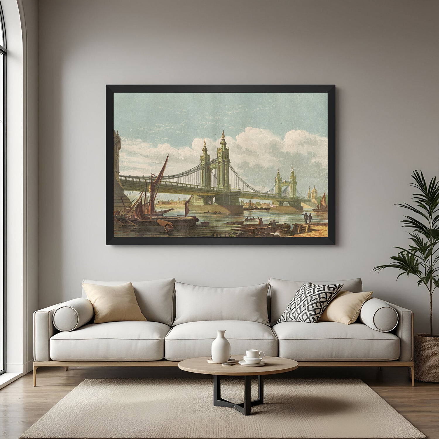 Black-framed vintage canvas of Chelsea Bridge, London—19th-century British wall decor