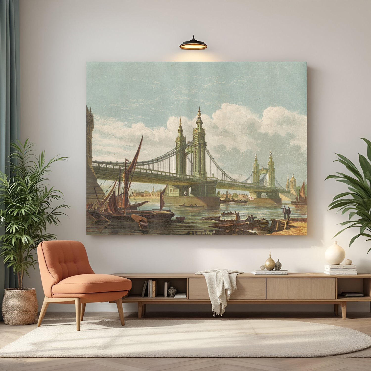 Vintage canvas print of Chelsea Bridge, London in 1860—classic British architecture with aged painting style