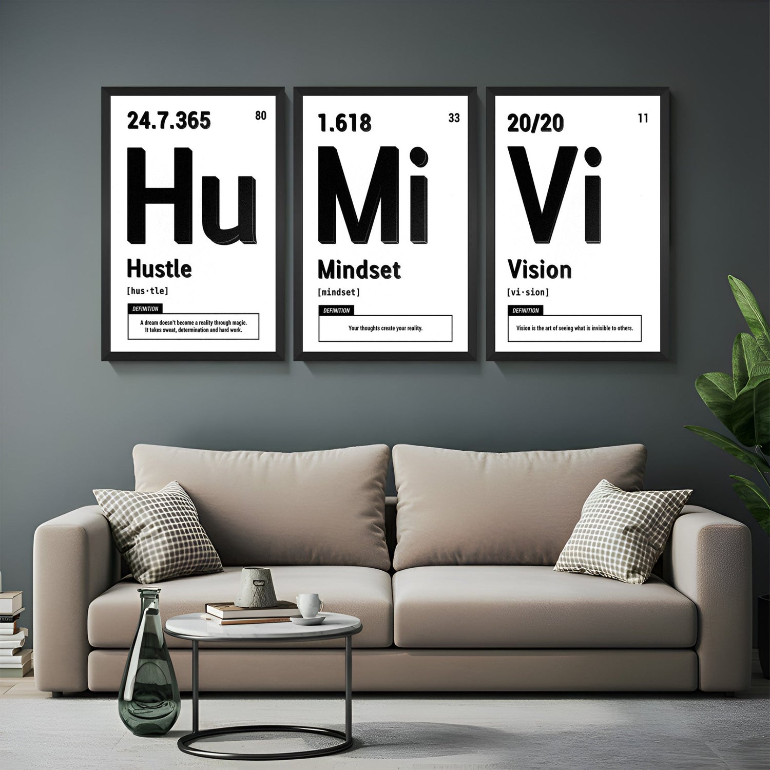 Canvas wall art set of 3 showing HU, MI, and VI in periodic table design with typography for hustle, mindset, and vision – ideal for motivational decor