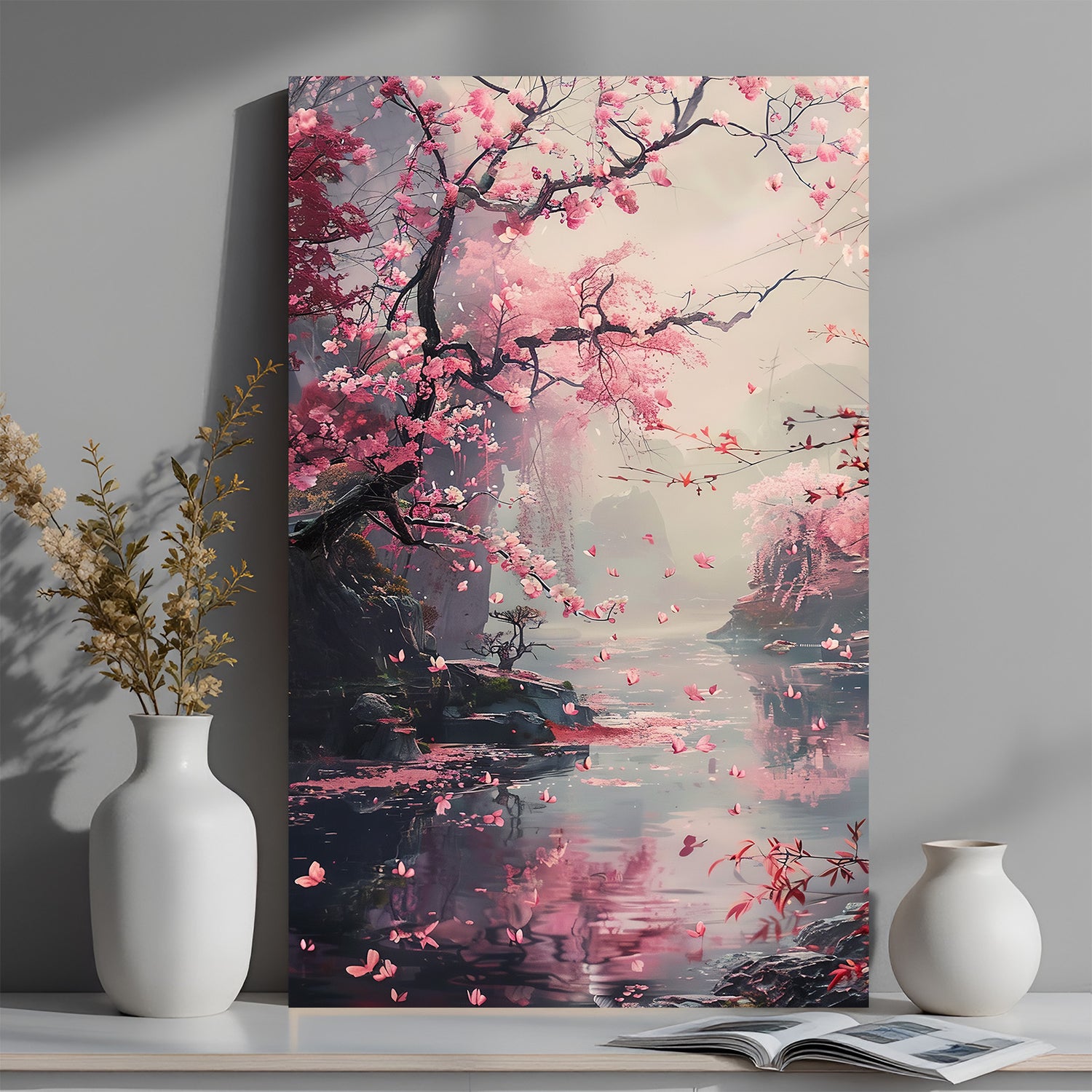 Canvas wall art showing cherry blossom trees in a soft Japanese scenic view for peaceful decor