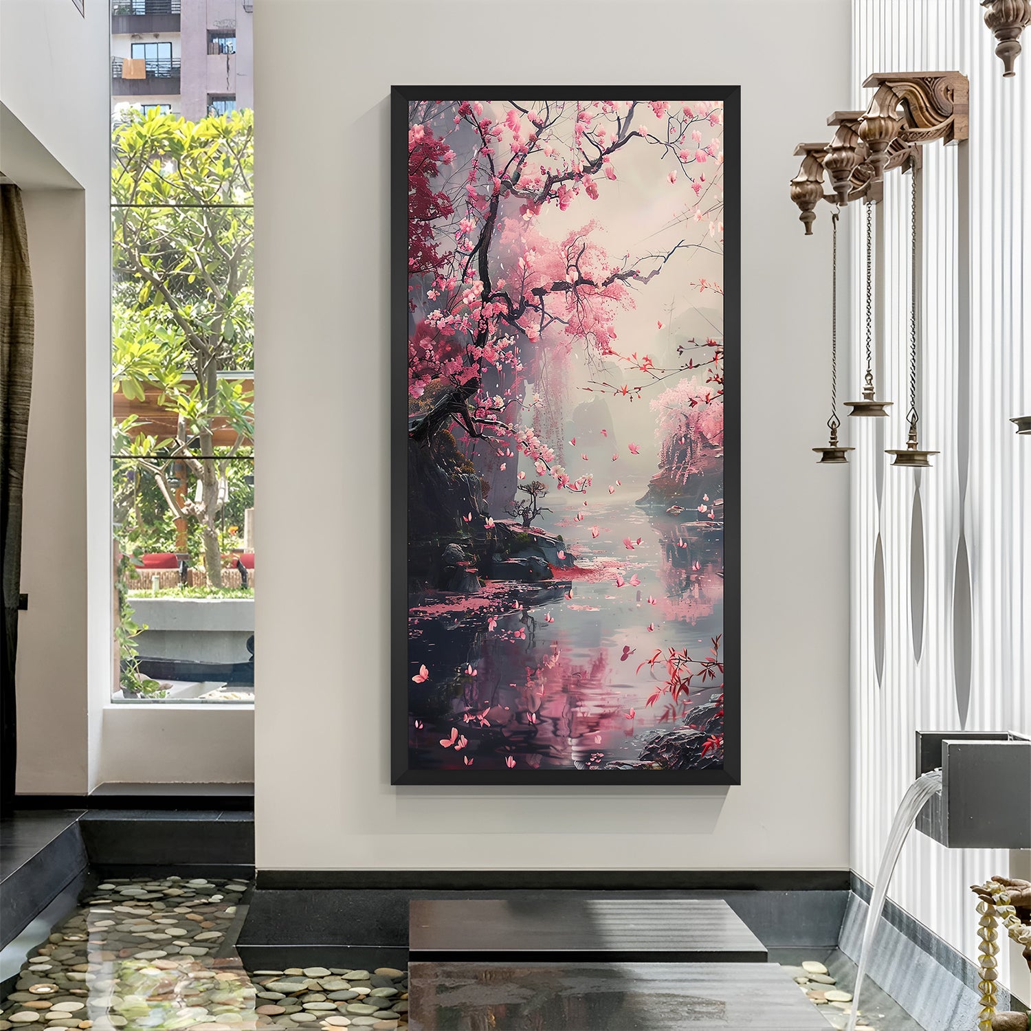 Framed canvas featuring cherry blossom branch in Japanese style with black floater frame