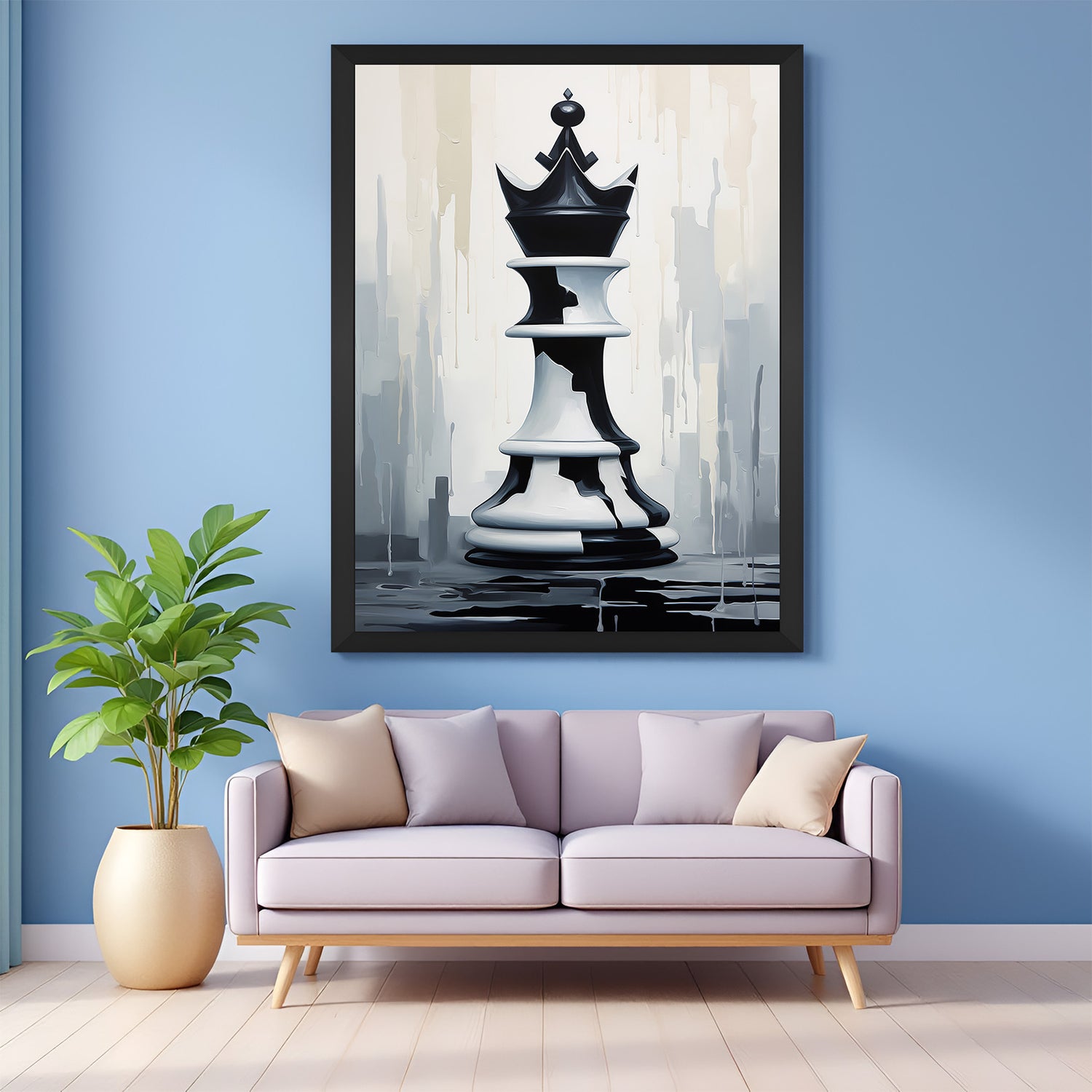 Framed chess king modern artwork in black floater frame, featuring dramatic painted styling for office walls, game rooms, or statement decor