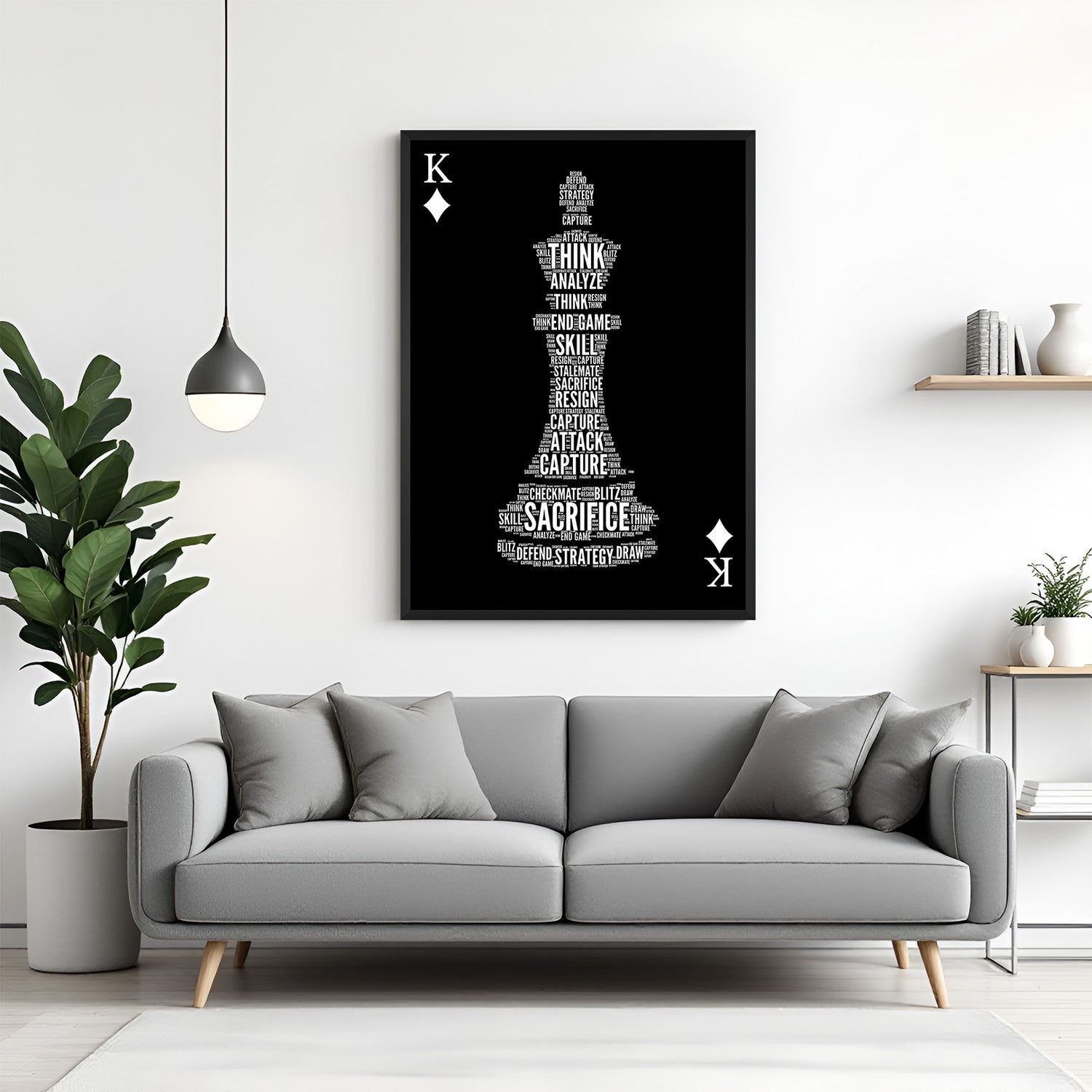 Chess king word art wall painting in black floater frame modern canvas decor