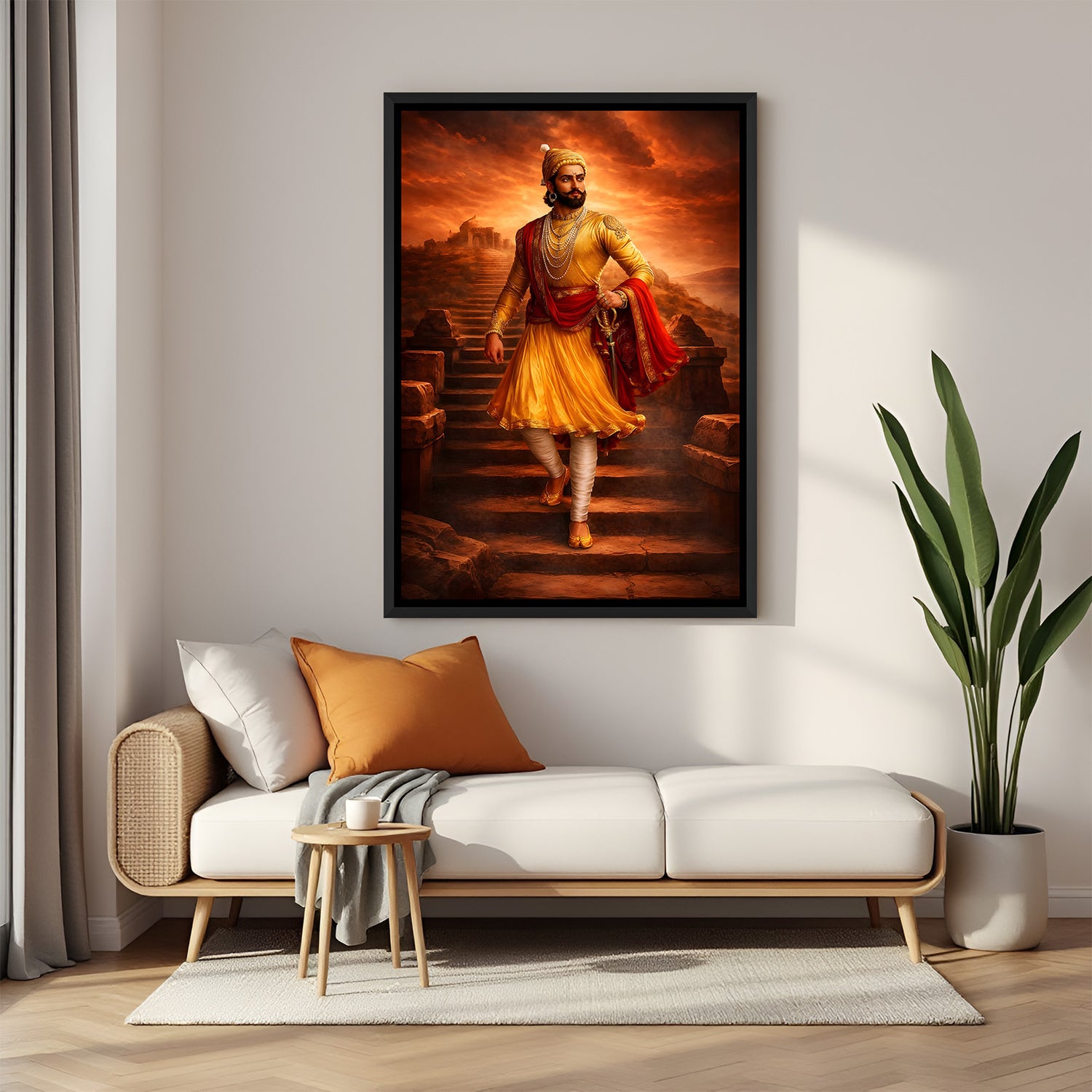 Chhatrapati Shivaji Maharaj standing before a castle under red clouds in elegant black floater frame