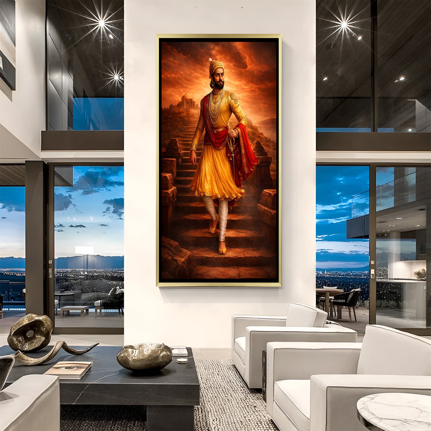 Chhatrapati Shivaji Maharaj castle stairway artwork in luxury golden floater frame with dramatic red sky backdrop