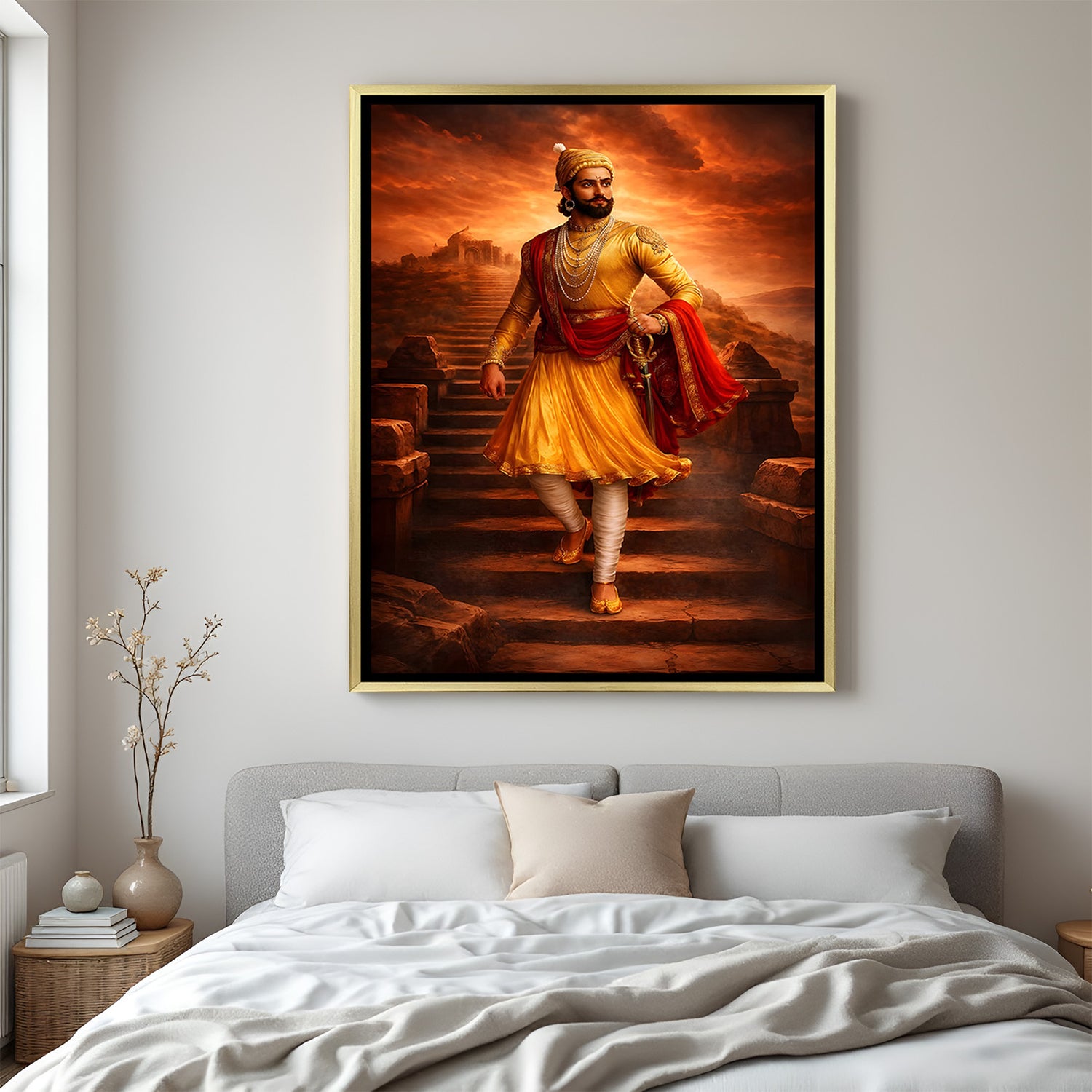 Chhatrapati Shivaji Maharaj castle stairway artwork in luxury golden floater frame with dramatic red sky backdrop