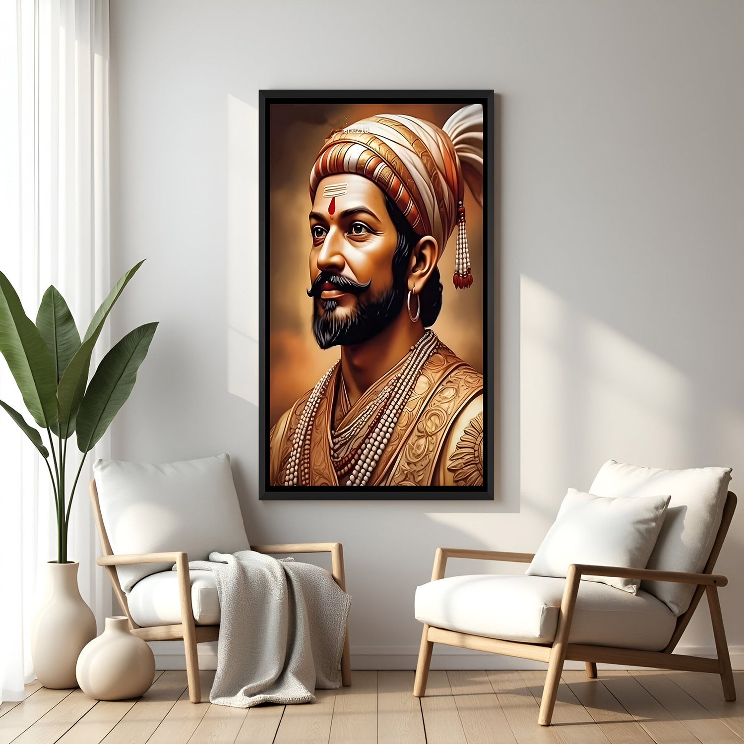 Chhatrapati Shivaji Maharaj face wall art in elegant black floater frame featuring a close-up royal portrait
