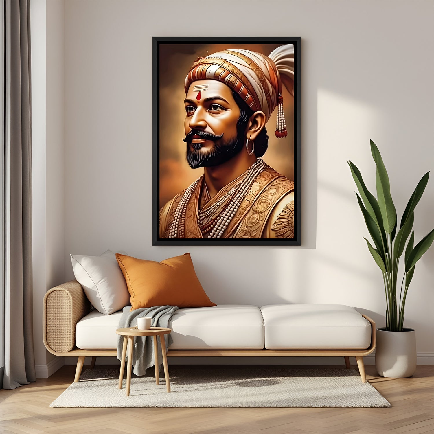 Chhatrapati Shivaji Maharaj face wall art in elegant black floater frame featuring a close-up royal portrait