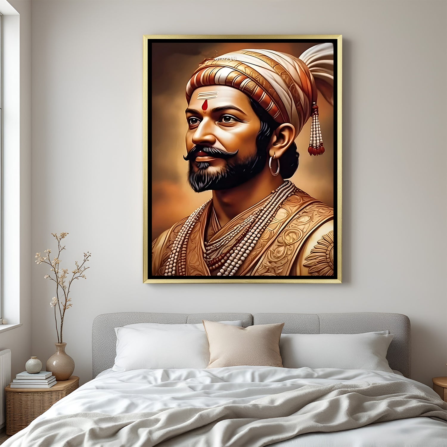 Chhatrapati Shivaji Maharaj artwork in luxury golden floater frame showcasing a majestic face portrait