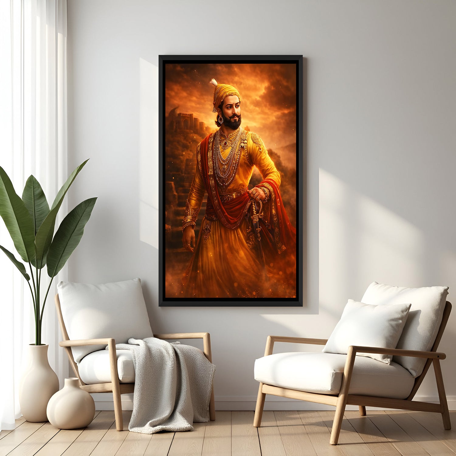 Chhatrapati Shivaji Maharaj standing in royal attire wall art in elegant black floater frame with glowing background