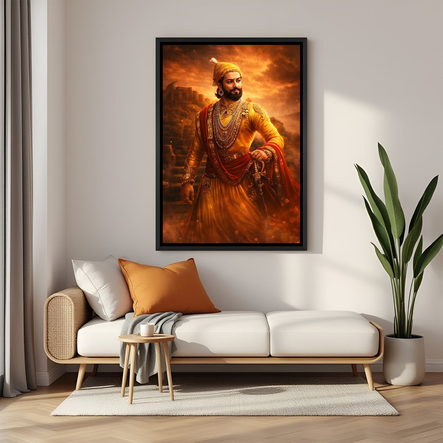 Chhatrapati Shivaji Maharaj standing in royal attire wall art in elegant black floater frame with glowing background