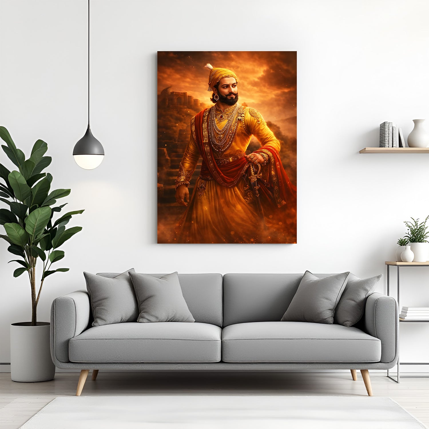 Chhatrapati Shivaji Maharaj fiery warrior canvas wall art in premium canvas wrapped frame with dramatic saffron sky