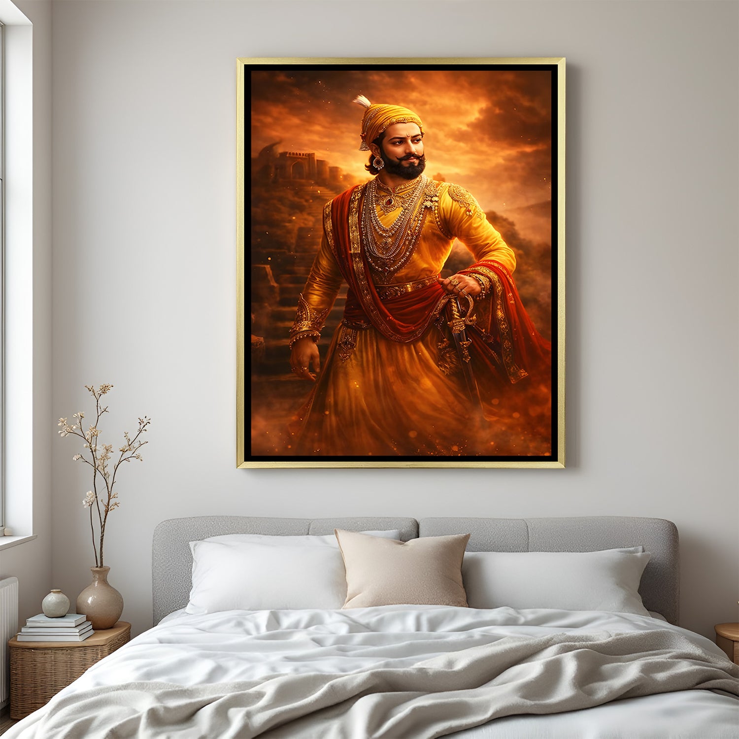 Chhatrapati Shivaji Maharaj artwork in luxury golden floater frame featuring a dramatic warrior portrait