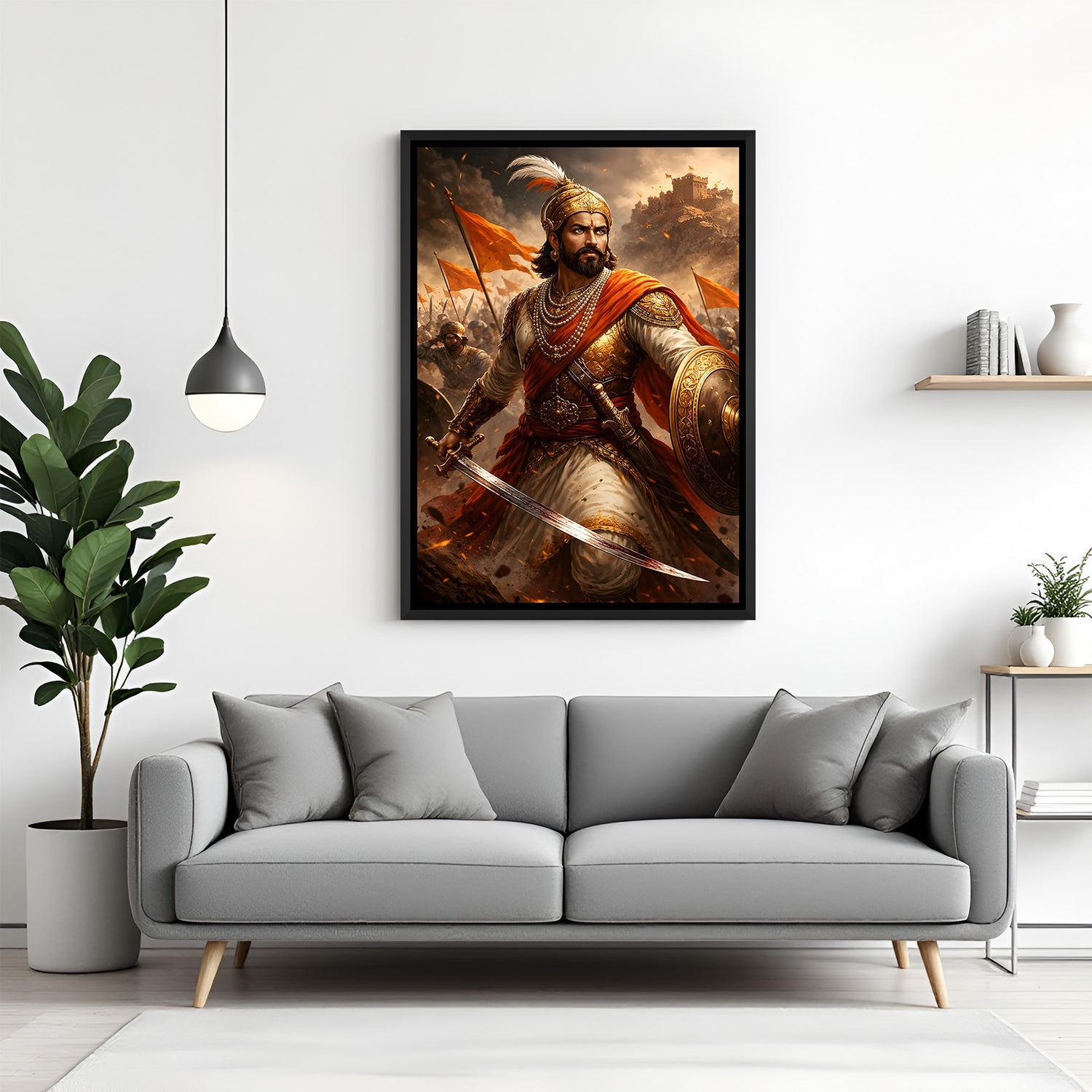 Chhatrapati Shivaji Maharaj battle wall art in elegant black floater frame with sword fighting action