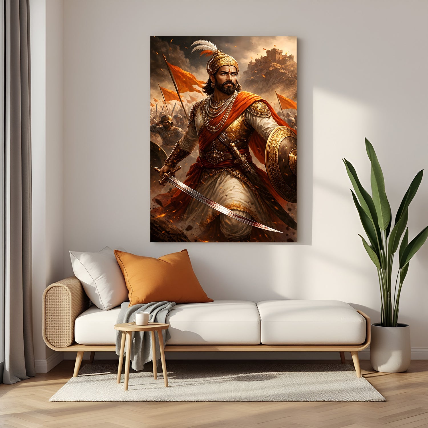 Chhatrapati Shivaji Maharaj fighting canvas wall art in premium canvas wrapped frame featuring an intense battlefield scene
