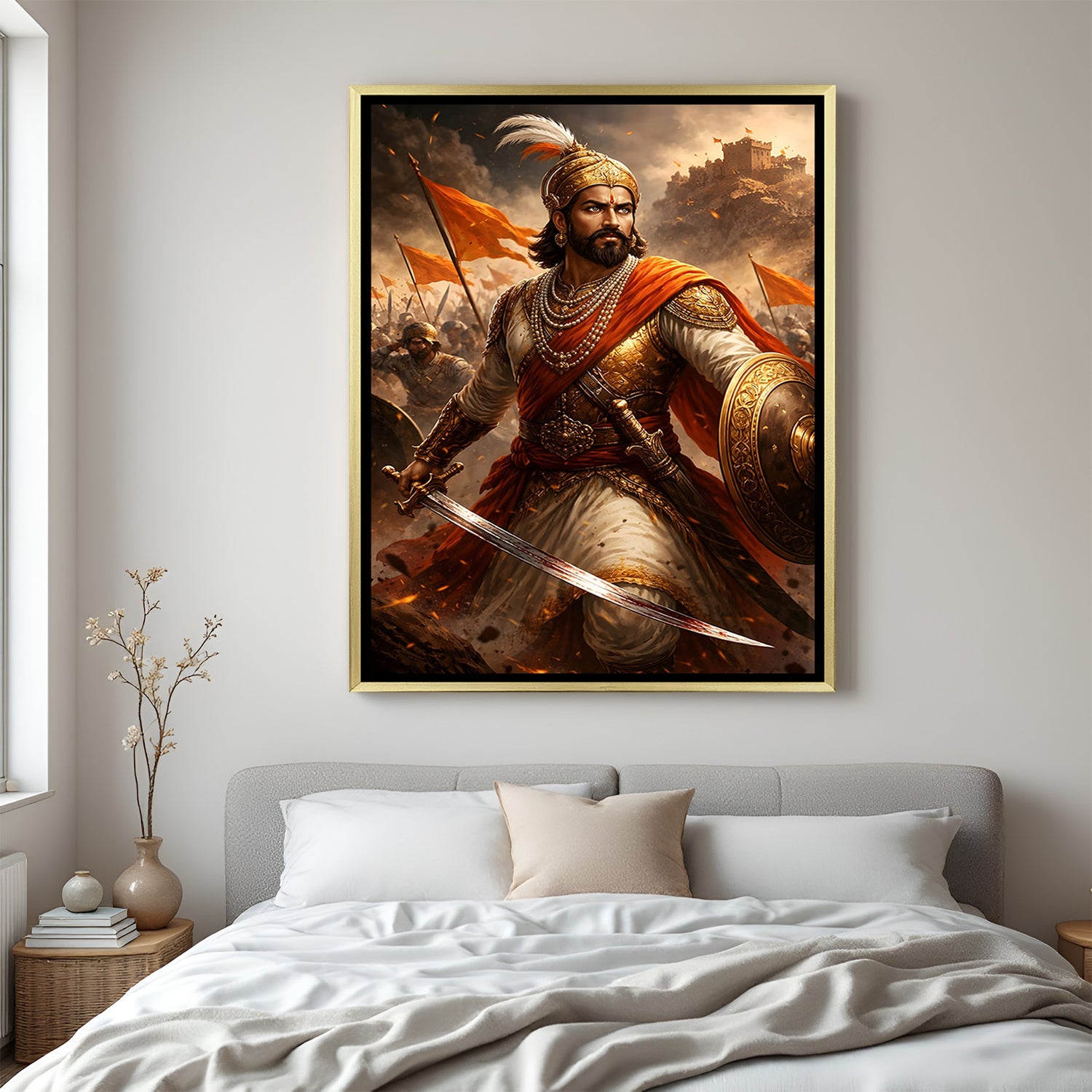 Chhatrapati Shivaji Maharaj warrior battle artwork in luxury golden floater frame featuring a dramatic combat scene