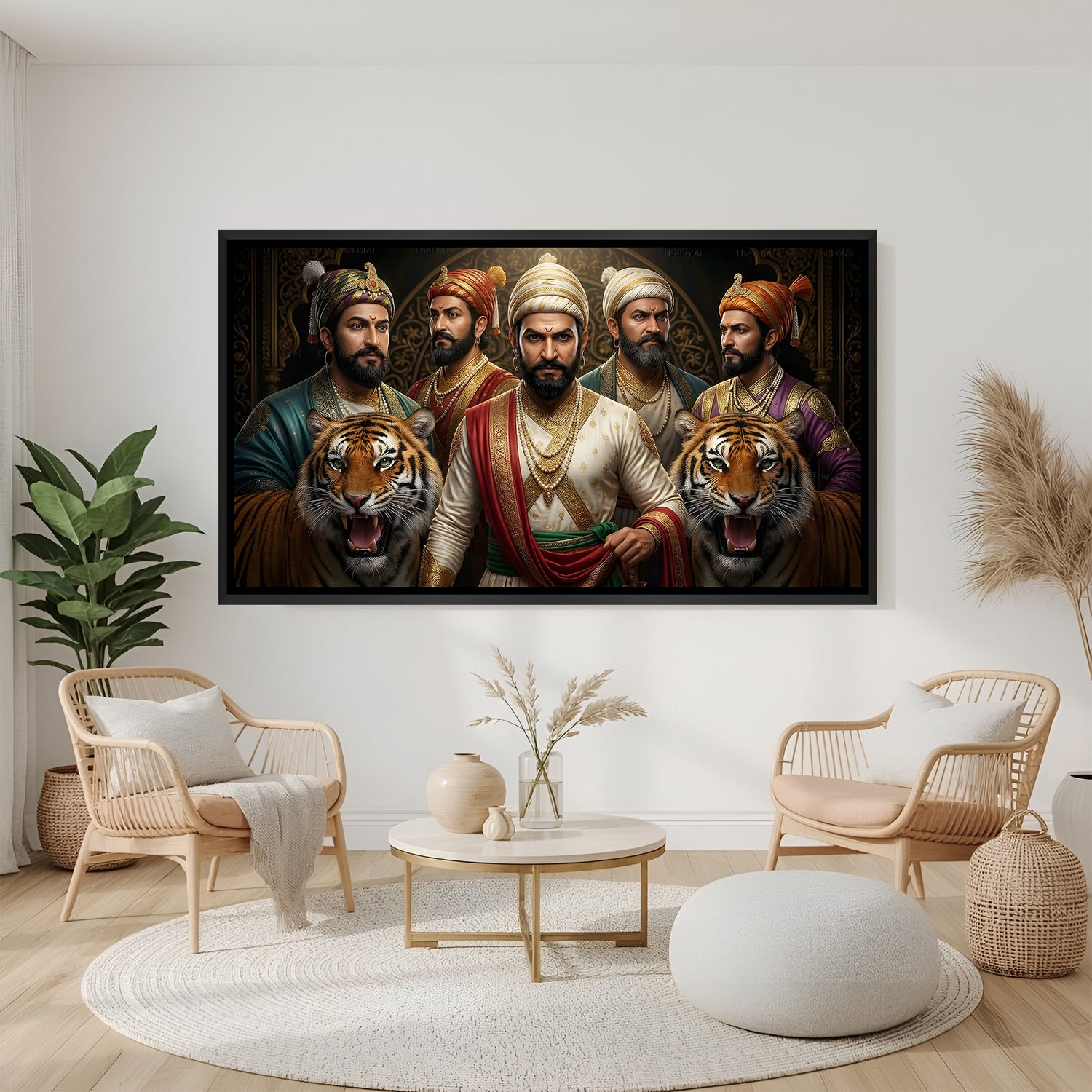 Chhatrapati Shivaji Maharaj wall painting in elegant black floater frame featuring Maratha warriors and tigers